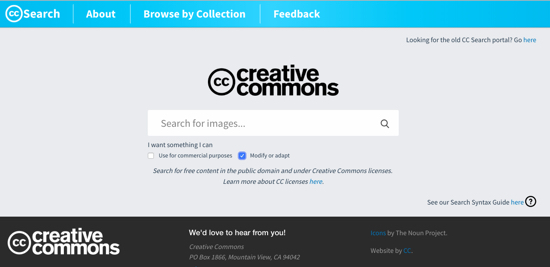 screen grab of creative commons search