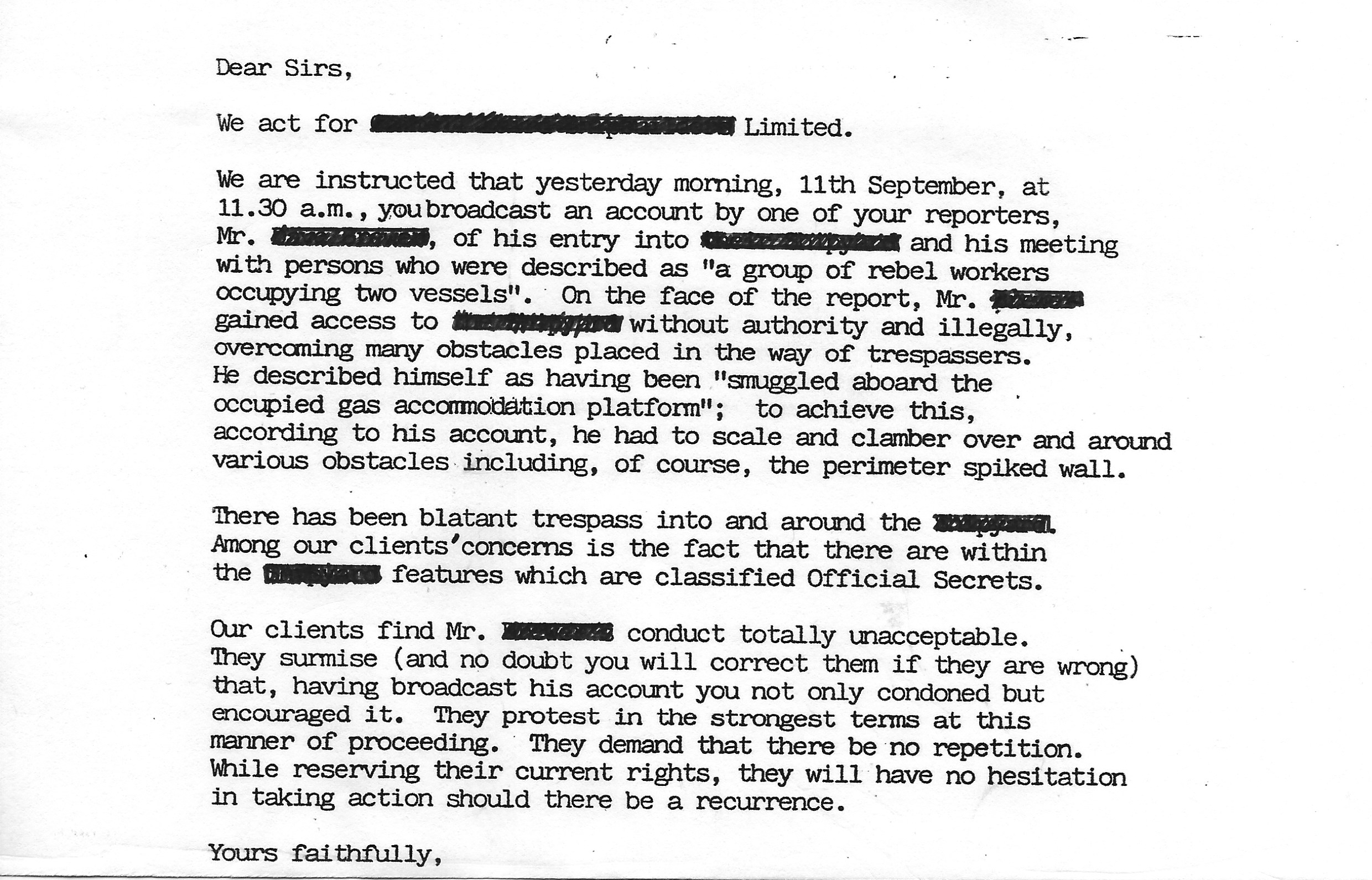 Redacted letter for the trespass and journalism scenario